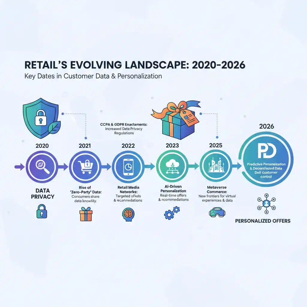 Infographic depicting a timeline of retail loyalty program evolution and data privacy shifts.