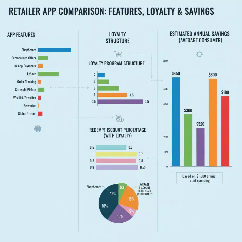 Infographic comparing features, loyalty programs, and estimated annual savings across various retailer apps.