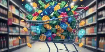 Shopping cart with loyalty cards and savings, representing 2026 retailer loyalty updates and financial gains.