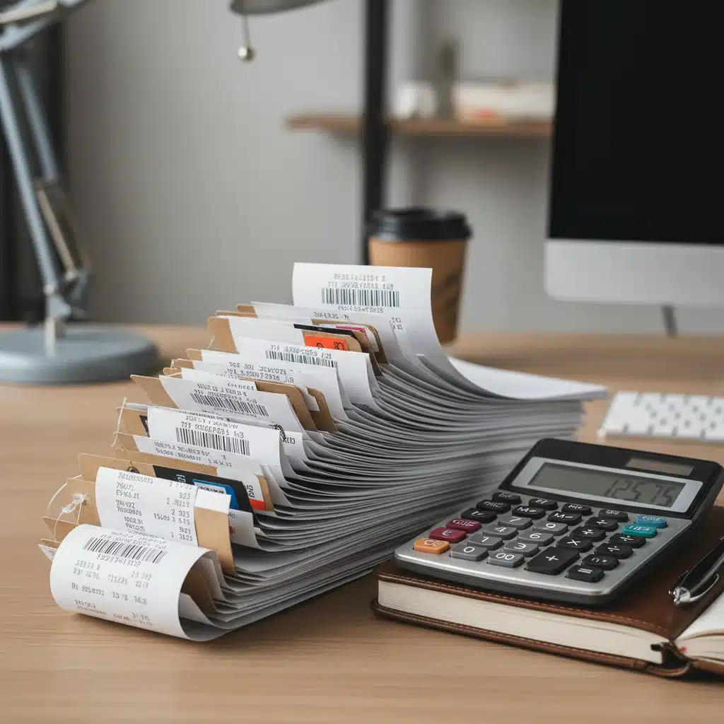 Organized stack of return receipts and product tags with calculator