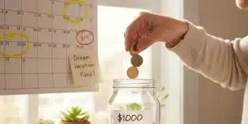 Person saving money in a jar for a $1000 goal over three months