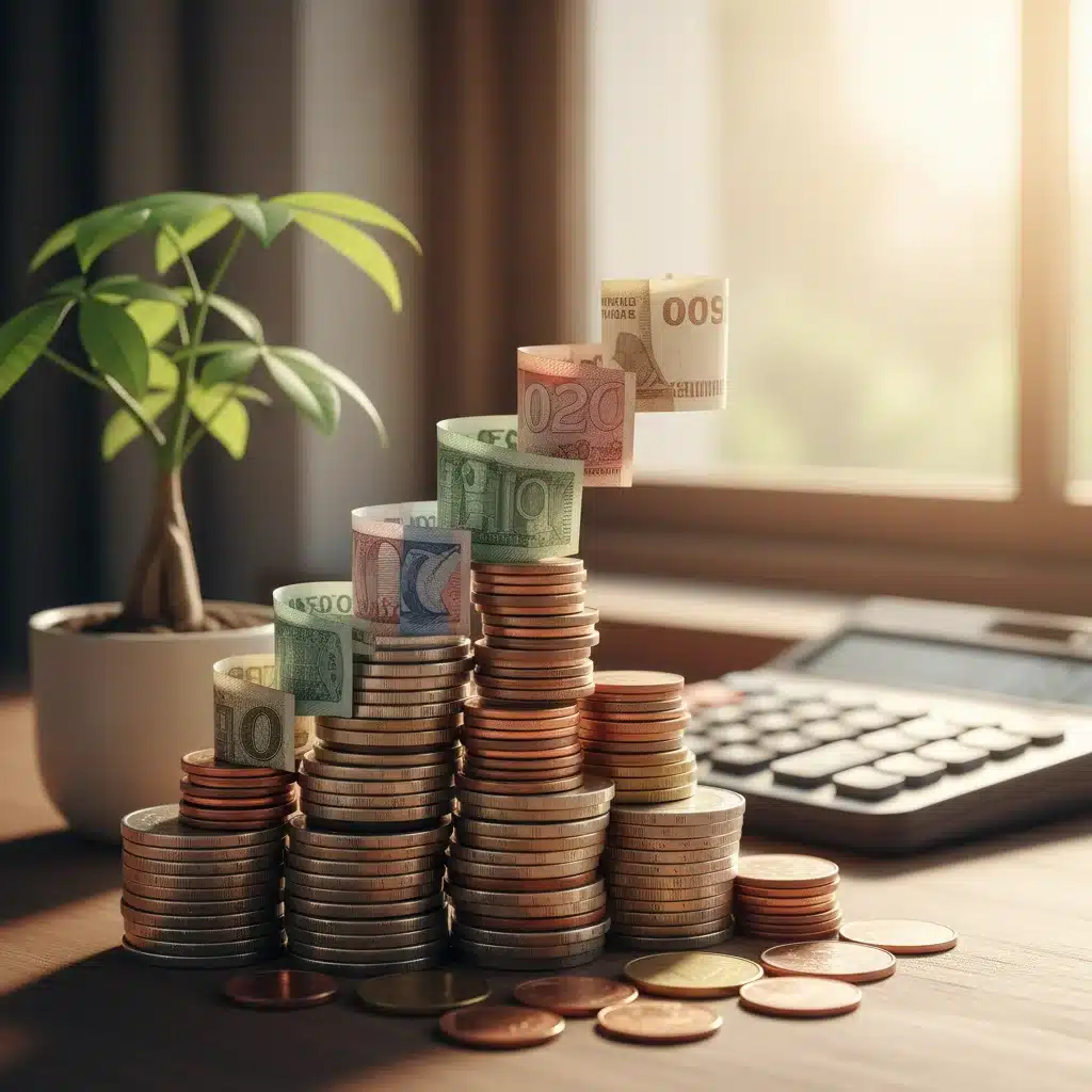 Stack of coins and banknotes with calculator, symbolizing savings growth