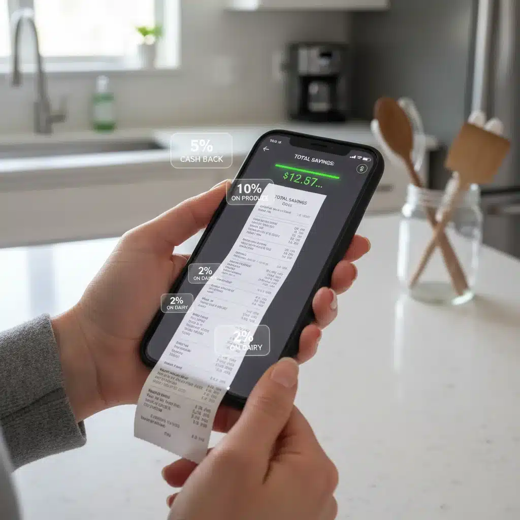 Person scanning a grocery receipt with a cash back app, showing digital savings