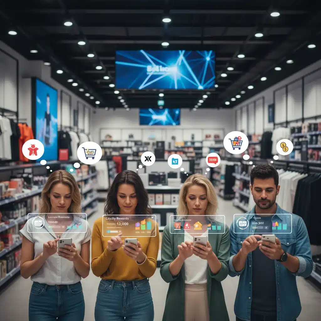 Shoppers comparing loyalty program benefits on smartphones inside a modern retail store.