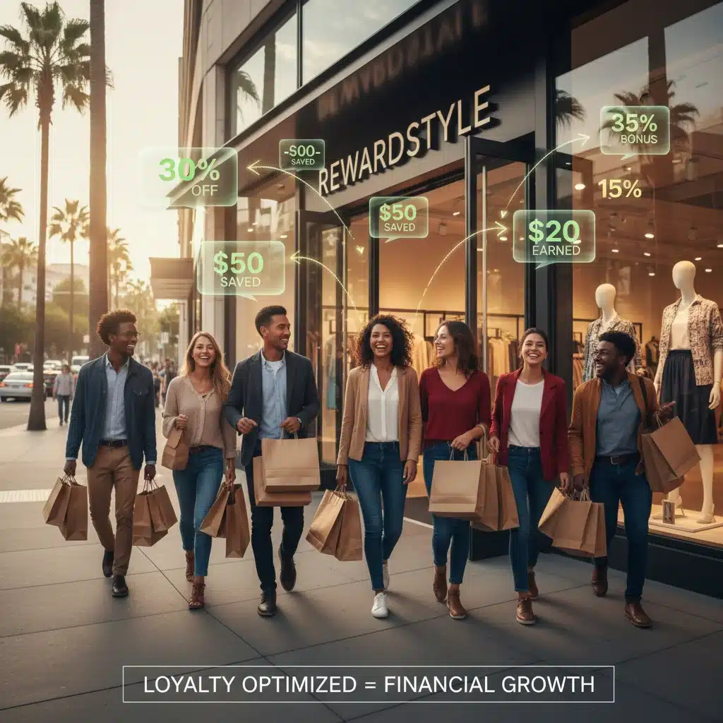 Happy shoppers with bags, showing financial impact of loyalty programs.