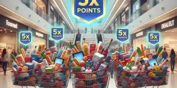Illustration of shopping carts with 5x points icons, representing top retail loyalty programs for maximum rewards.
