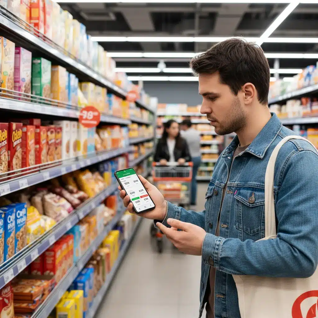 Person comparing prices with smartphone at grocery store