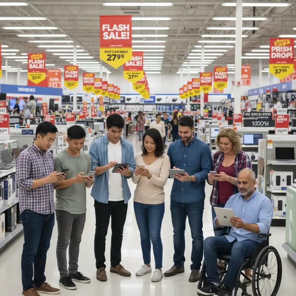 Shoppers comparing prices on mobile devices during a sale