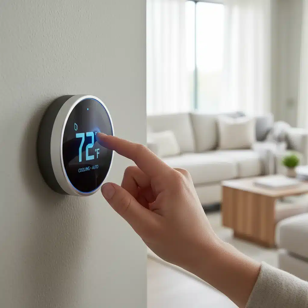 Hand adjusting a smart thermostat for energy optimization.