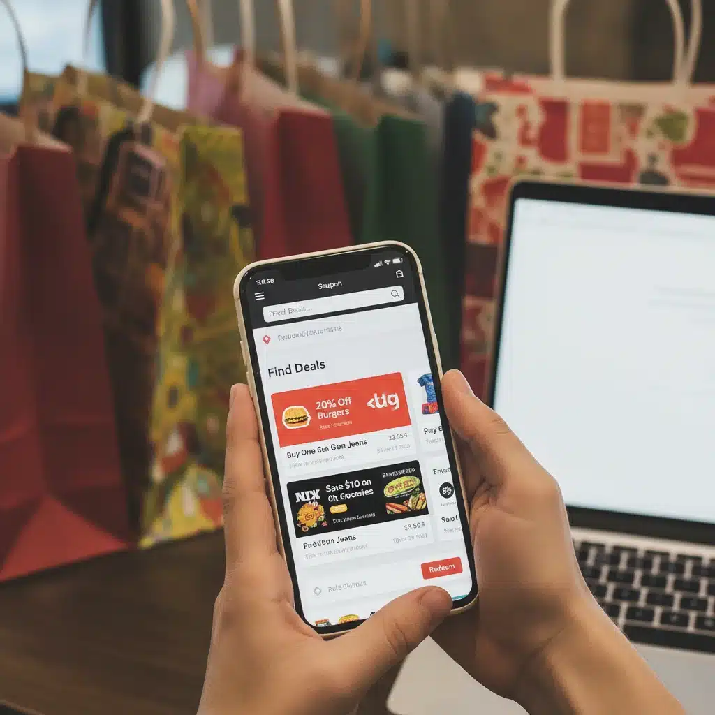 Hands holding a smartphone showing a coupon aggregator website with active deals.