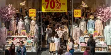 Shoppers enthusiastically browsing a 'Spring Clearance Sale' in a well-lit retail store, with prominent discount signs.