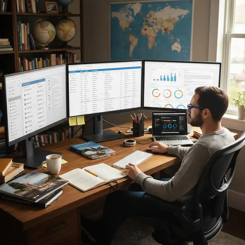 Person planning award travel on multiple screens, analyzing flight deals and loyalty programs.
