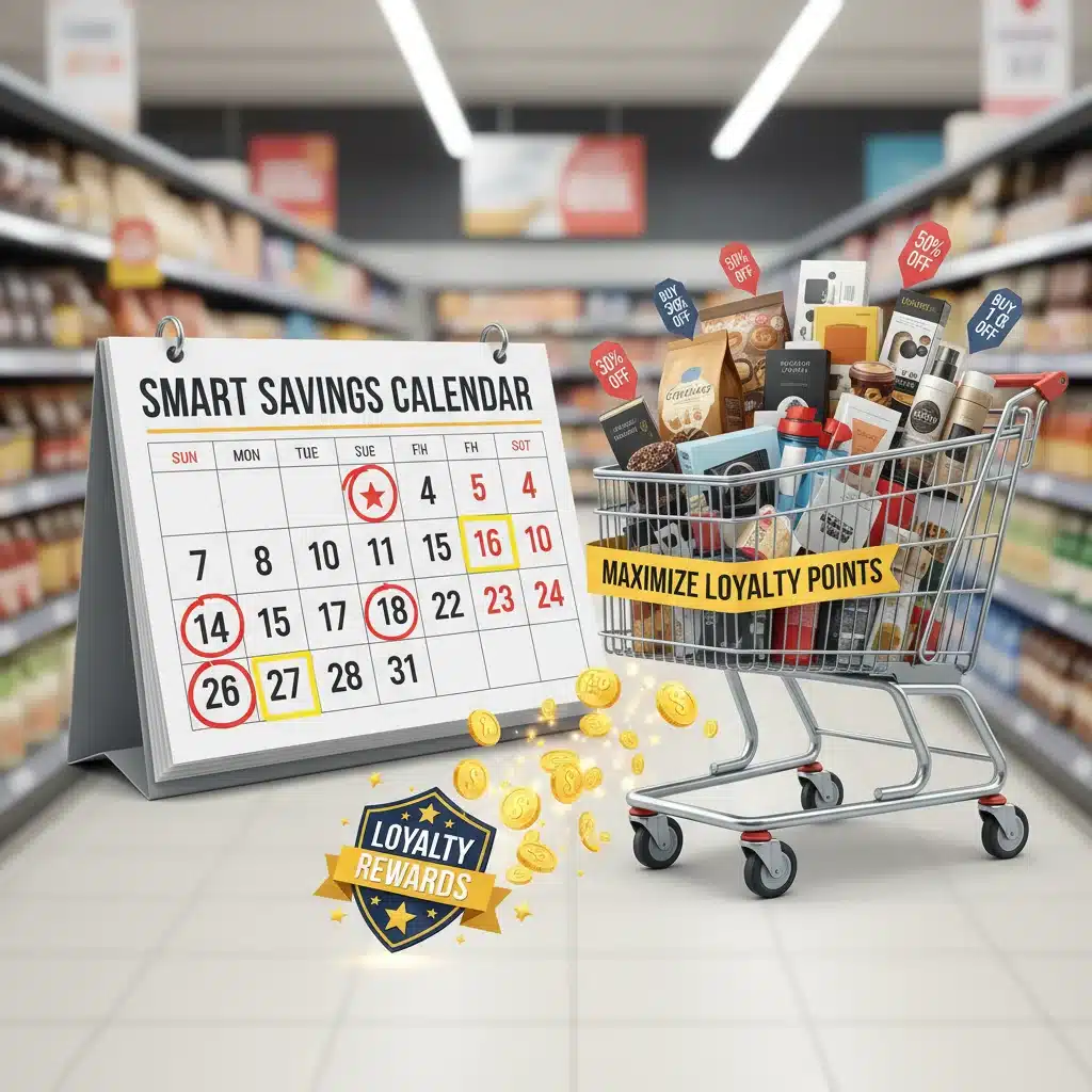 Calendar with highlighted dates and a shopping cart, illustrating strategic shopping for loyalty points.
