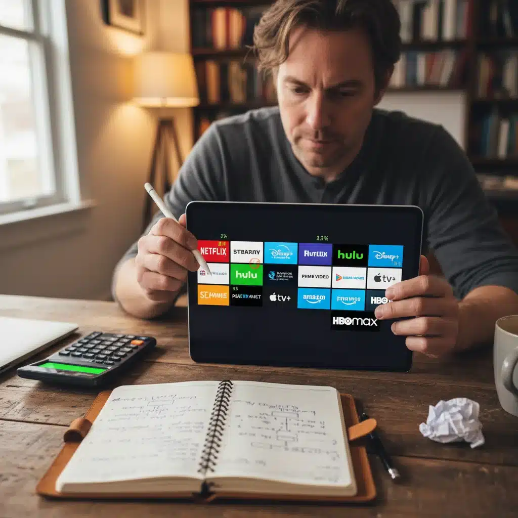 Person analyzing streaming service subscriptions on a tablet to find cost savings.