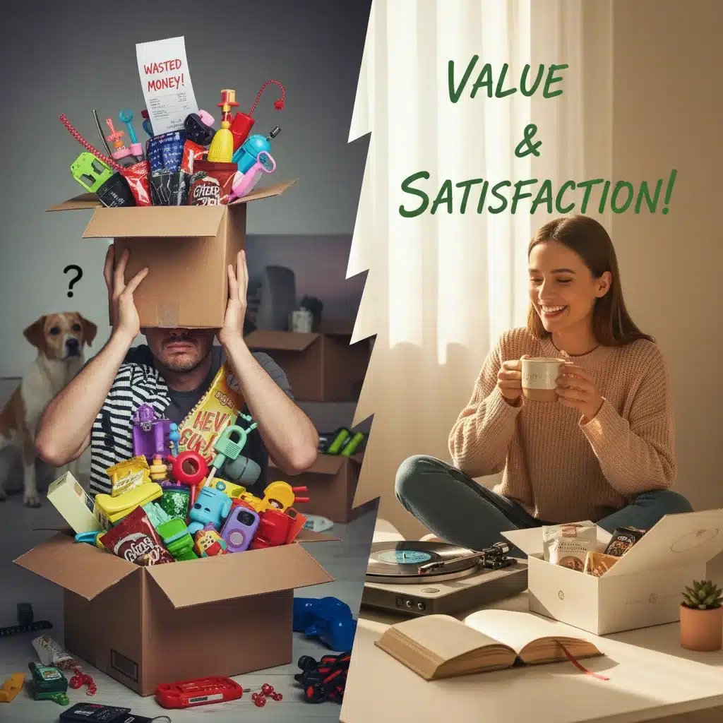 Person overwhelmed by unwanted subscription box items versus person enjoying a valuable item