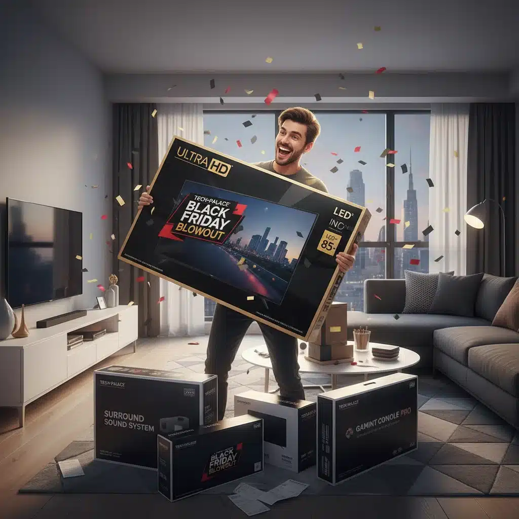 Happy shopper with new television after a big purchase