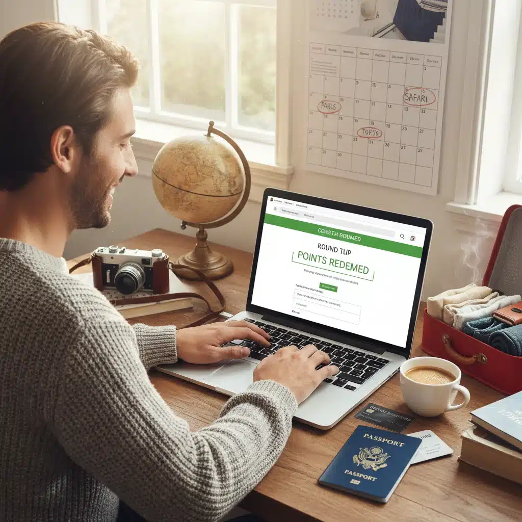 Person booking travel on laptop, surrounded by travel items and calendar.