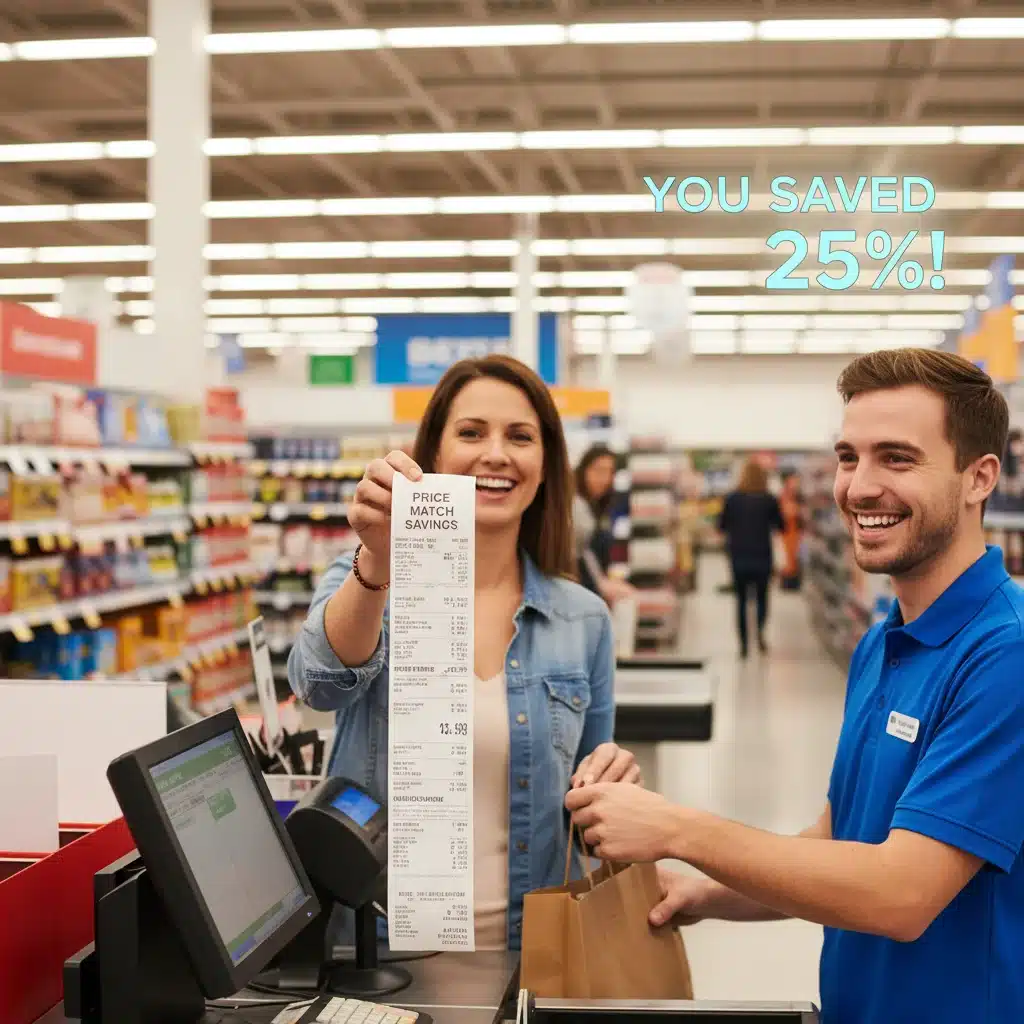 Customer successfully completing a price match transaction at a store checkout