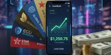 Illustration of diverse loyalty cards, a smartphone with a cashback app, and money, symbolizing financial rewards and future savings.