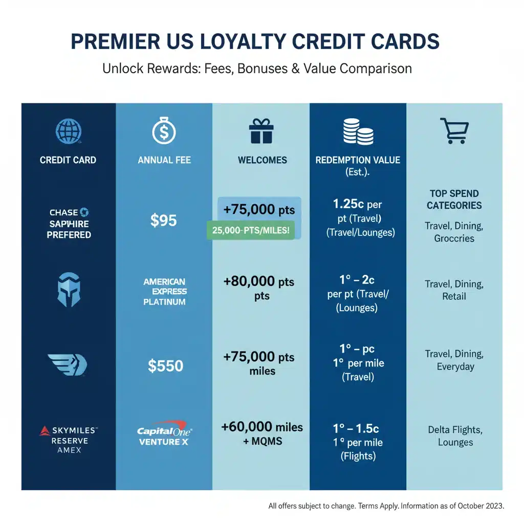 Comparison chart of top loyalty credit card offers with 25,000+ bonus points