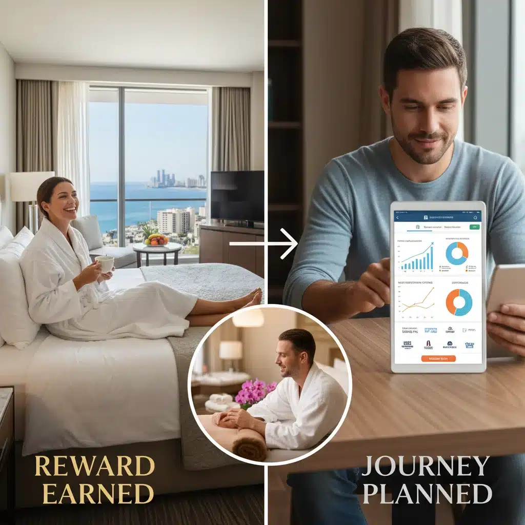 Traveler enjoying hotel stay while reviewing loyalty points on a tablet app.