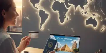 Traveler planning a trip with credit card and world map, symbolizing optimized travel rewards for 2026 savings.