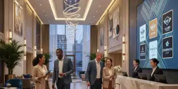 Travelers checking in, highlighting seamless hotel loyalty benefits.