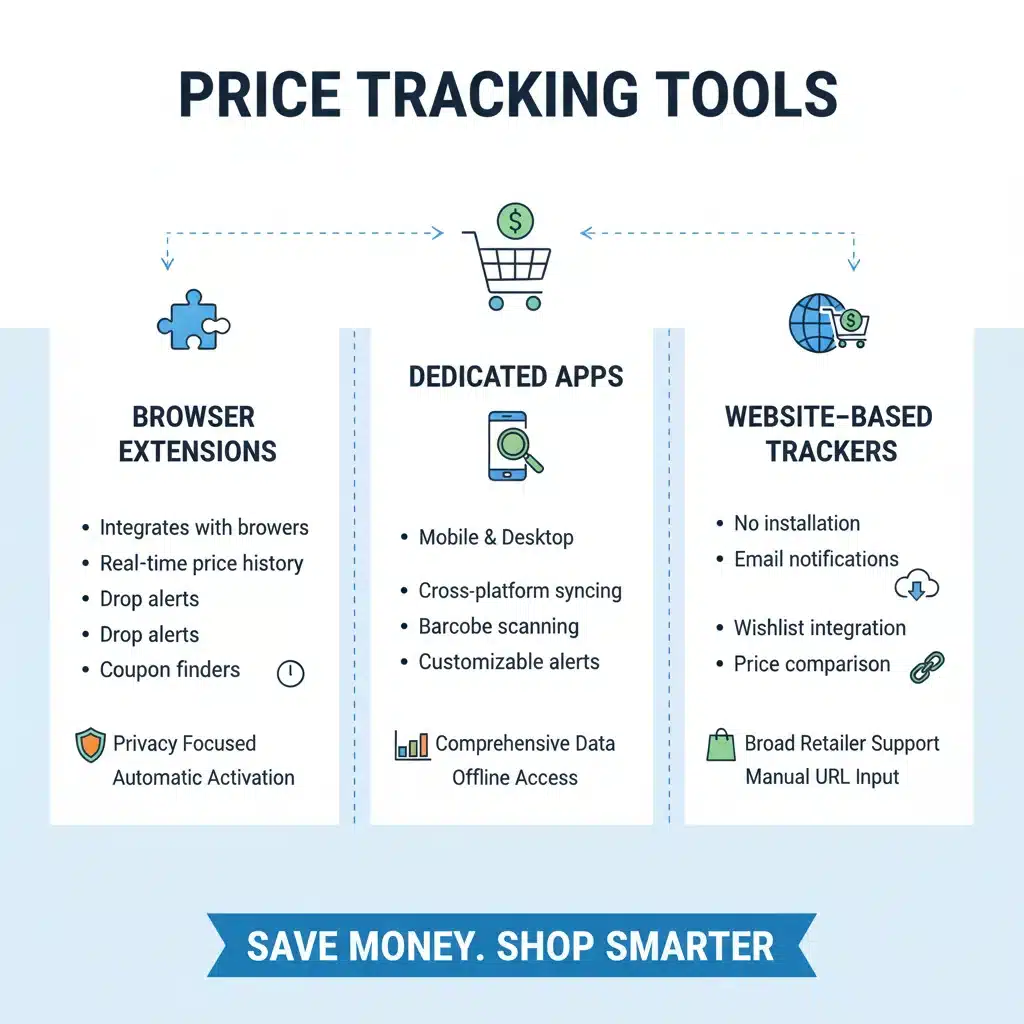 Infographic detailing various price tracking tools and their functionalities for smart shopping.