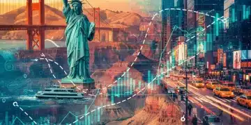 Iconic US landmarks with travel routes and dynamic pricing graphs, symbolizing award travel deals.