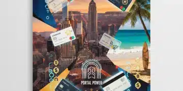 Credit cards and point symbols over a collage of US travel destinations, representing maximizing rewards.