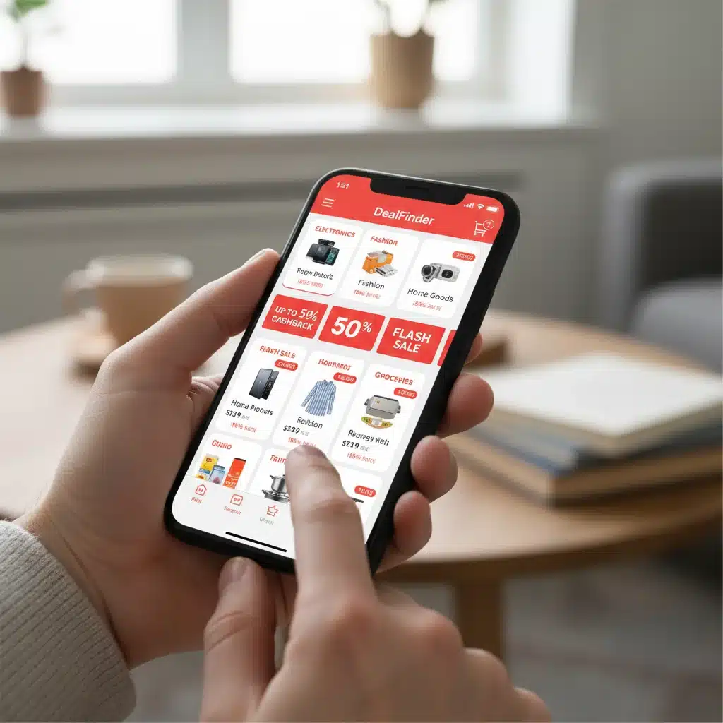 Hand holding smartphone displaying a shopping deal app with product categories and cashback offers.