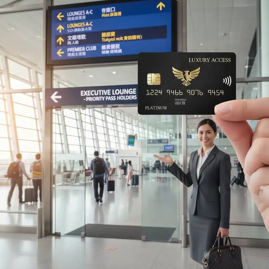 Traveler using a premium credit card for airport lounge entry.