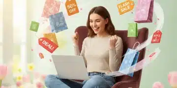 Enthusiastic shopper finding early bird deals online with laptop and shopping bags