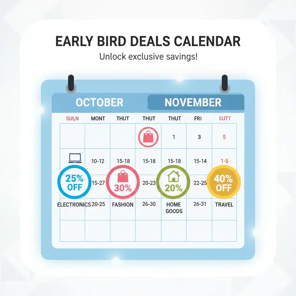 Infographic displaying a calendar with key early bird shopping dates and discount percentages for different product categories