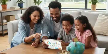 Family reviewing budgeting app on tablet, saving money