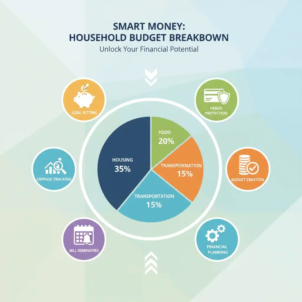 Infographic of household expenses and budgeting app features