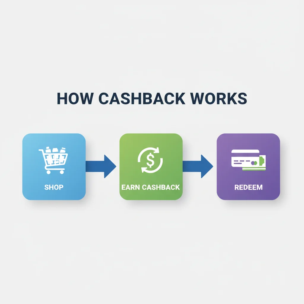 Infographic explaining the cashback process: shop, earn, redeem.