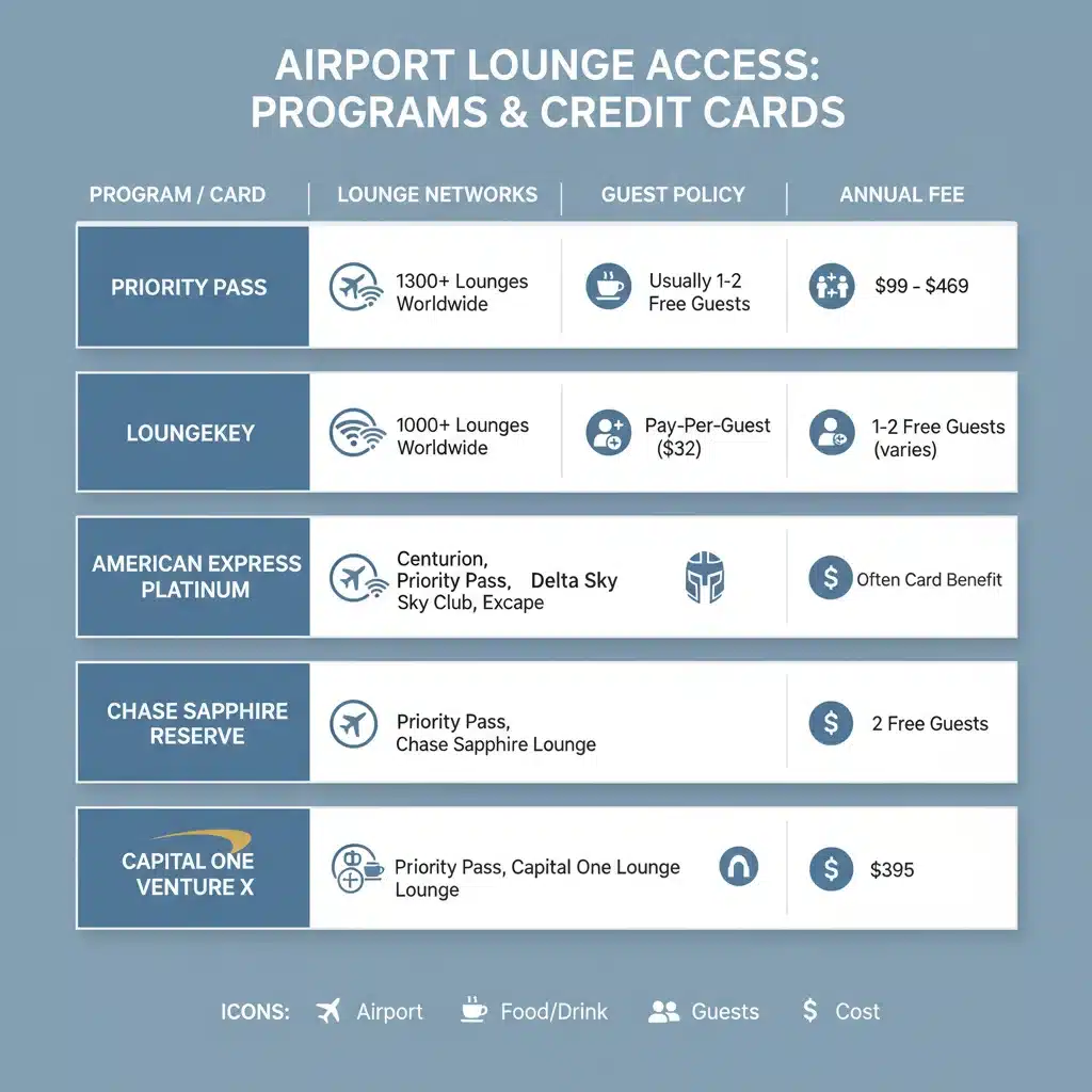 Infographic comparing various airport lounge access programs and credit card benefits.