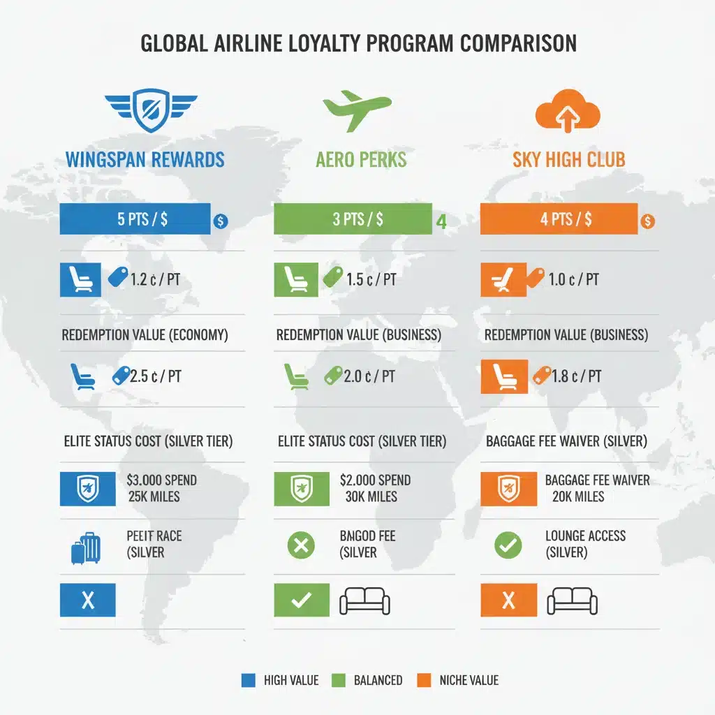 Infographic comparing earning and redemption rates of airline loyalty programs