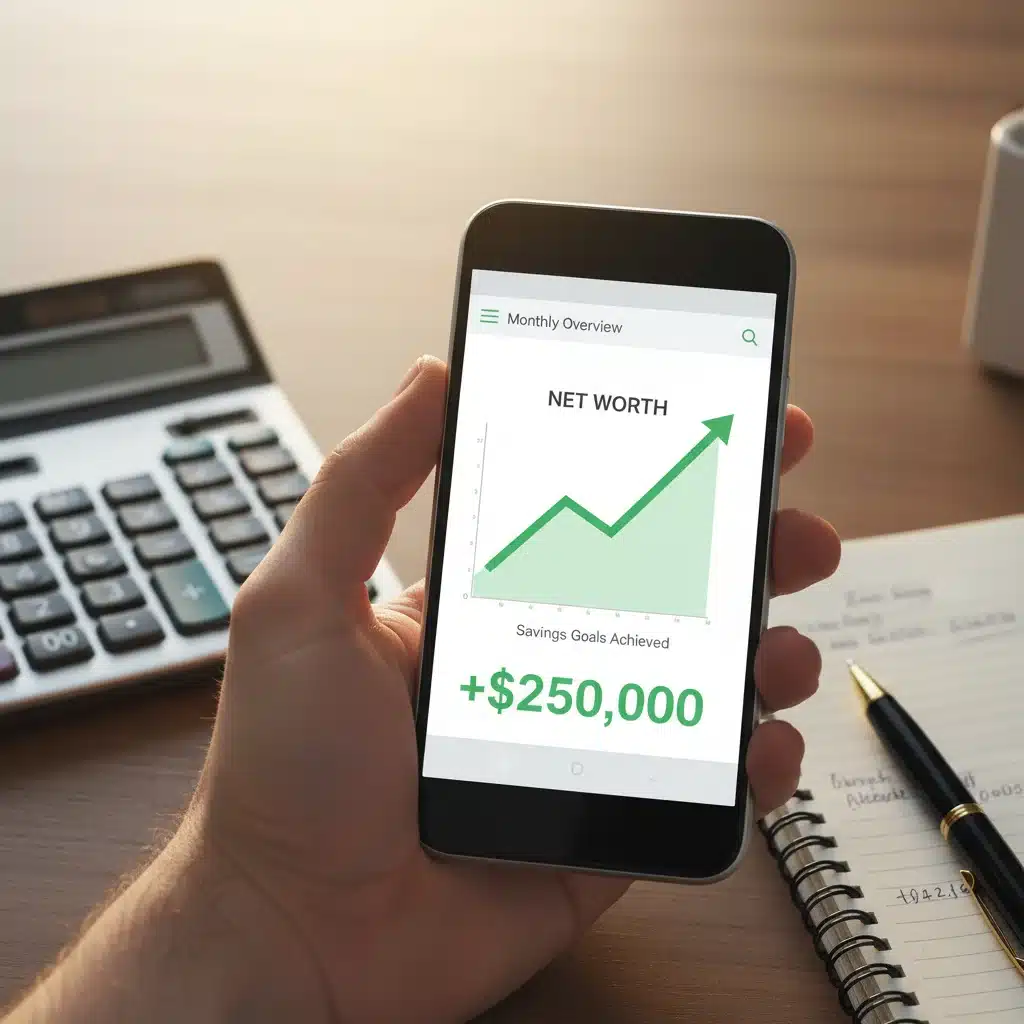 Smartphone displaying positive net worth on budgeting app
