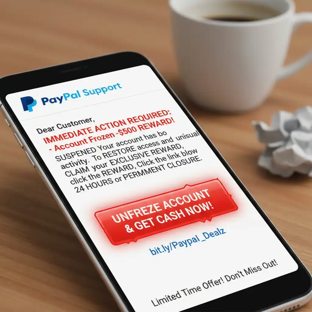 Phishing email example on a smartphone, illustrating a common fake deal tactic