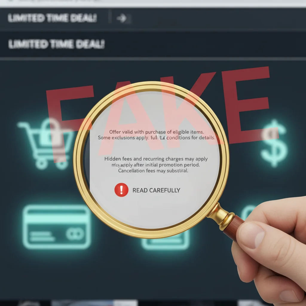 Magnifying glass examining fine print on an online product page, emphasizing hidden conditions in fake deals