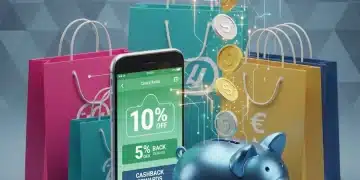 Smartphone displaying a shopping deal app with cashback offers, surrounded by shopping bags and coins.