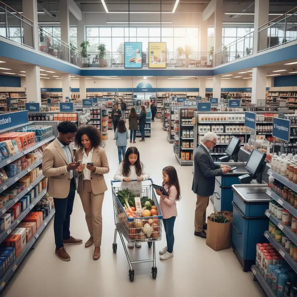 Smart shoppers strategically navigating a retail store, comparing prices and making informed purchases during early bird sales