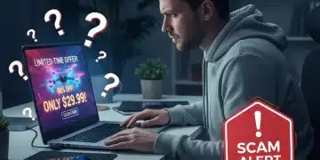 Woman cautiously examining a suspicious online deal on her laptop, highlighting the need for spotting fake deals