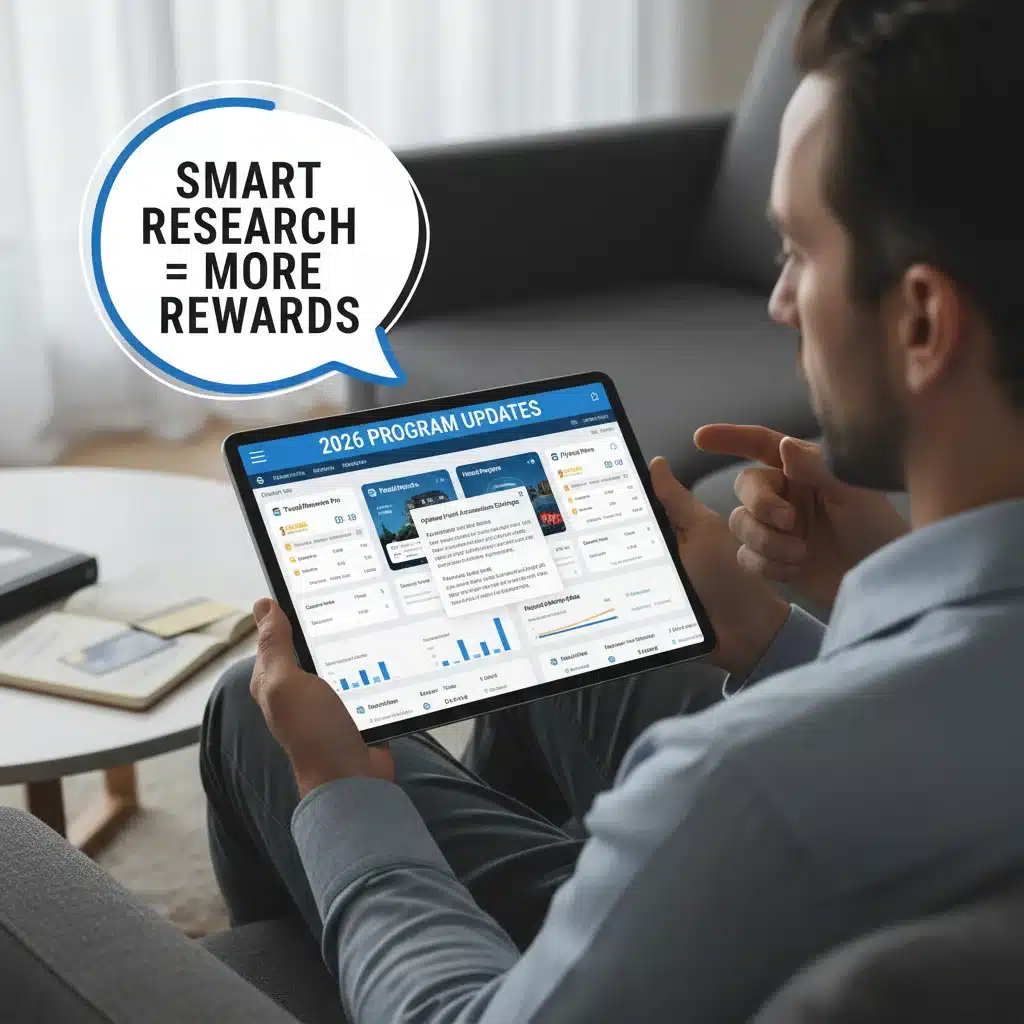 Individual comparing loyalty program apps on a tablet, emphasizing research for maximizing rewards in 2026.