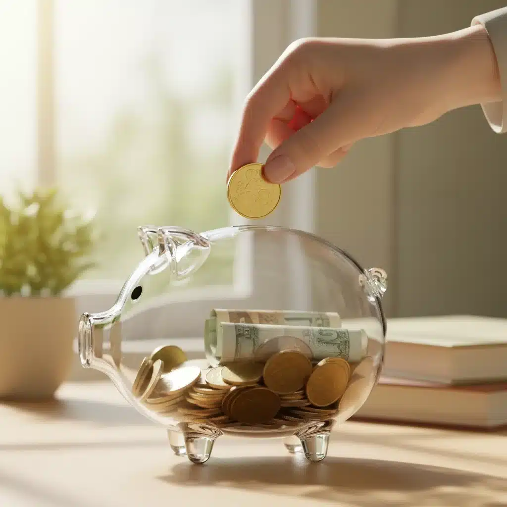Hand putting a coin into a clear piggy bank