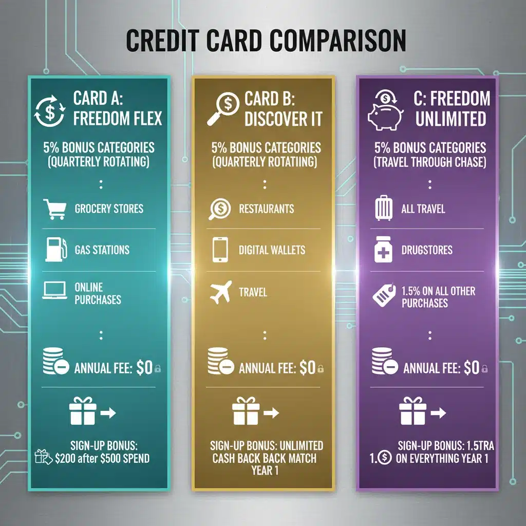 Infographic comparing three credit cards with 5% bonus rewards, detailing features and benefits.