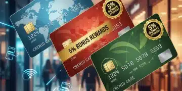 Three credit cards prominently displaying 5% bonus rewards against a backdrop of a modern shopping environment.