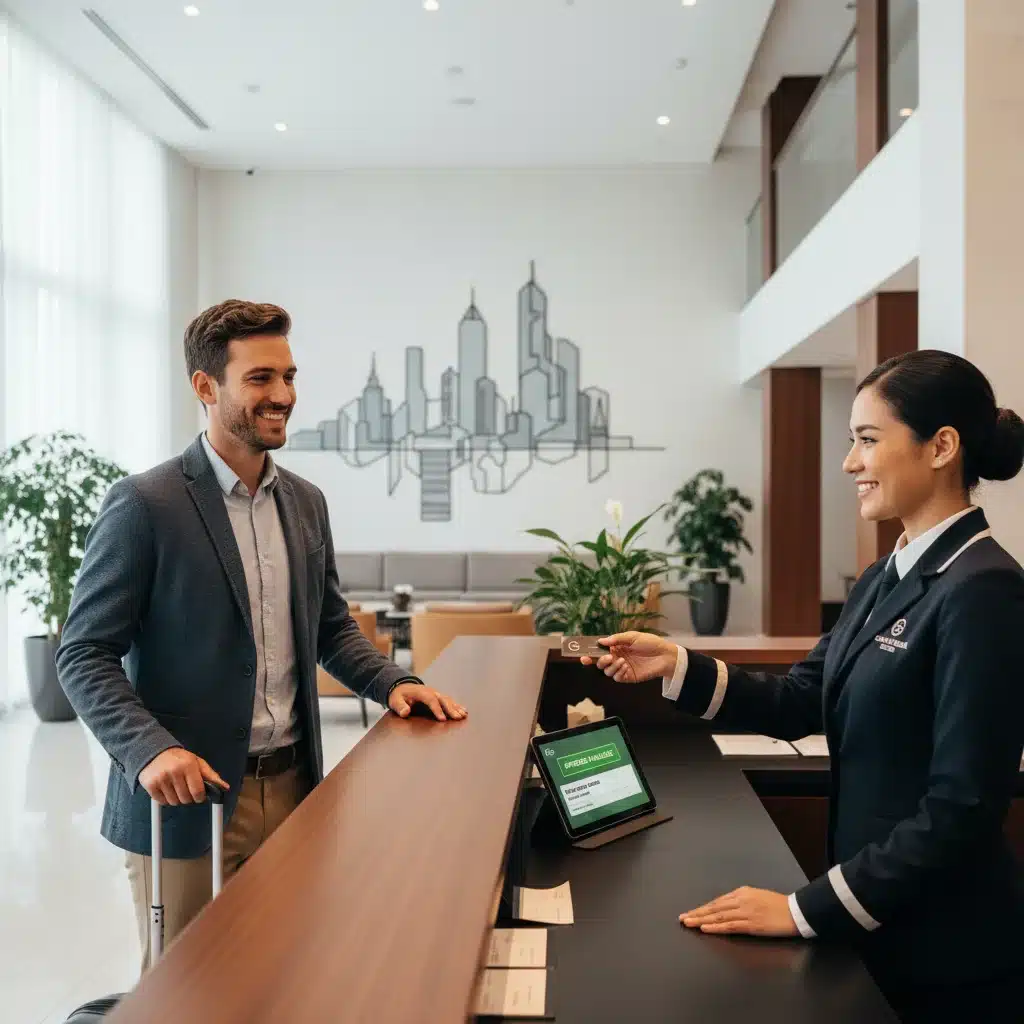 Guest checking in at a modern hotel reception, receiving a room key.